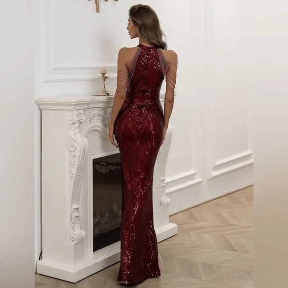 NWOT Miss Ord Burgundy Sequin Halter with Beads Floor Length Dress Size Medium - Picture 2 of 12